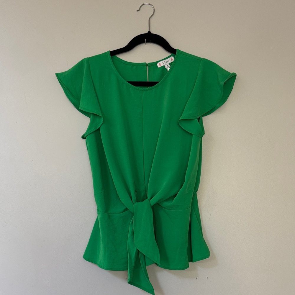 Kelly Green Tie-Front Flutter Sleeve Top